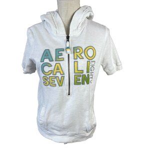 Aeropostale Y2K Short Sleeve Hoodie Sweatshirt Womens Sz M White‎ Half Zip Vtg